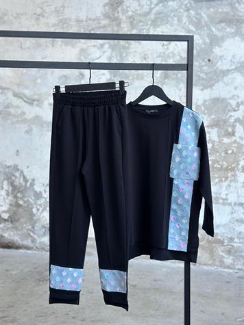 Tasarım Denim Kot Üzerine Renk Geçiş Detaylı Takım (Siyah)