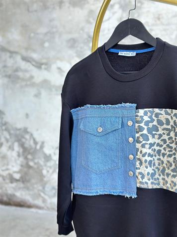 Tasarım Denim Kot Ve Leopar Geçişli Sweat  (Siyah)