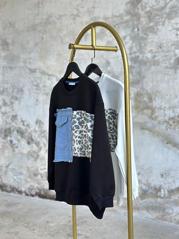 Tasarım Denim Kot Ve Leopar Geçişli Sweat  (Siyah)
