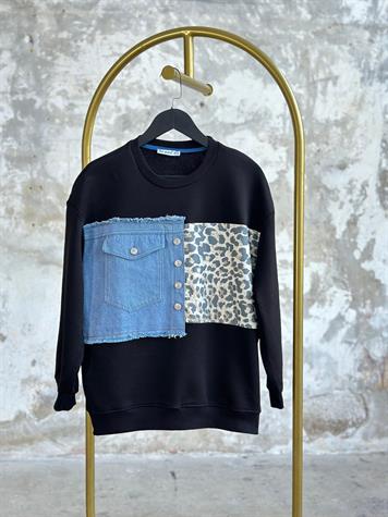 Tasarım Denim Kot Ve Leopar Geçişli Sweat  (Siyah)
