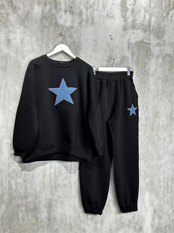 Tasarım Denim Kot Yıldız Desenli Kadın Takım (Siyah)