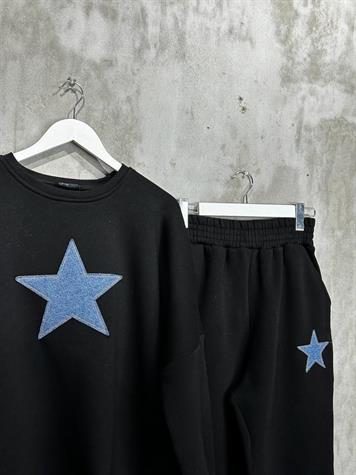 Tasarım Denim Kot Yıldız Desenli Kadın Takım (Siyah)