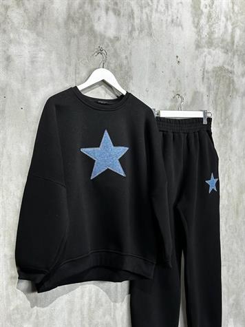 Tasarım Denim Kot Yıldız Desenli Kadın Takım (Siyah)