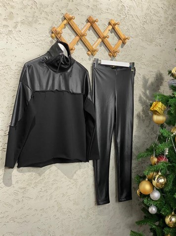 Tasarım Deri Detaylı Sweat (Siyah)