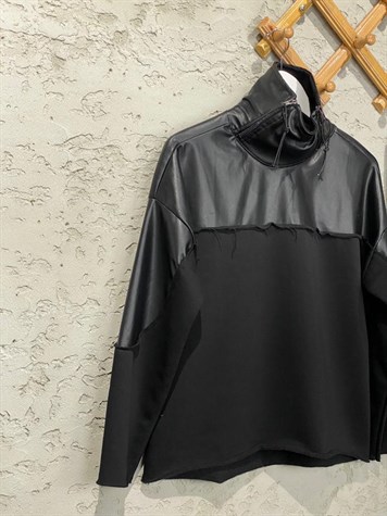 Tasarım Deri Detaylı Sweat (Siyah)