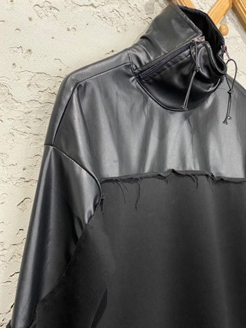 Tasarım Deri Detaylı Sweat (Siyah)