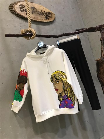 Tasarım Desen Kapşonlu Yanları Yırtmaçlı Sweatshirt (BEYAZ)