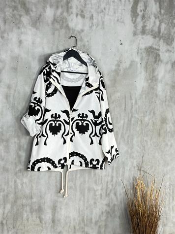 Tasarım Etnik Desen Baskılı Fermuarlı Keten Ceket (Beyaz)