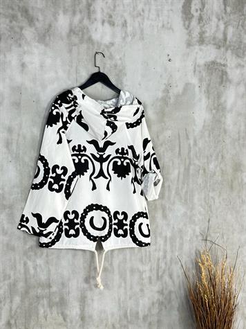 Tasarım Etnik Desen Baskılı Fermuarlı Keten Ceket (Beyaz)