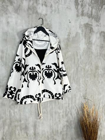 Tasarım Etnik Desen Baskılı Fermuarlı Keten Ceket (Beyaz)