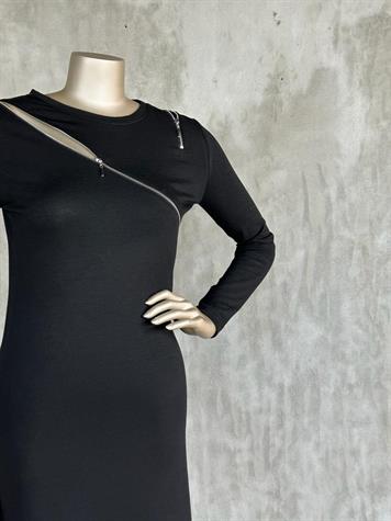 Tasarım Fermuar Detaylı Maxi Boy Kadın Elbise (Siyah)