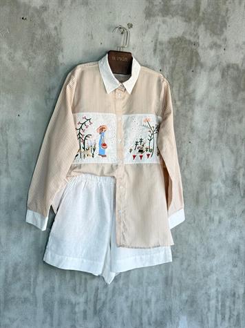 Tasarım Fisto Nakış İşçilikli Gömlek (Bej)
