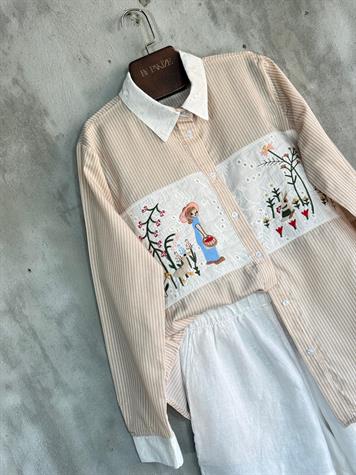Tasarım Fisto Nakış İşçilikli Gömlek (Bej)