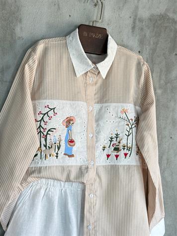 Tasarım Fisto Nakış İşçilikli Gömlek (Bej)