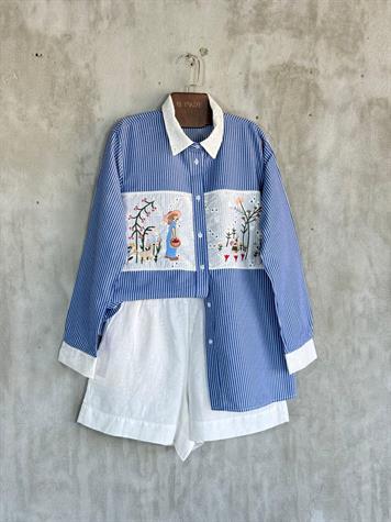 Tasarım Fisto Nakış İşçilikli Gömlek (Lacivert)