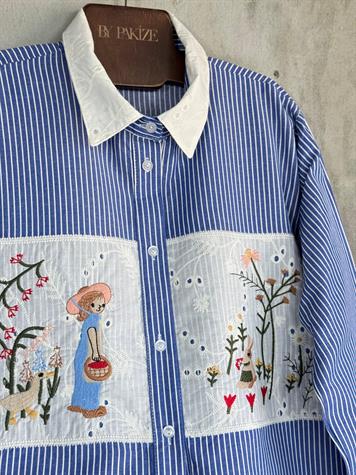 Tasarım Fisto Nakış İşçilikli Gömlek (Lacivert)