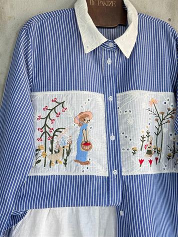 Tasarım Fisto Nakış İşçilikli Gömlek (Lacivert)