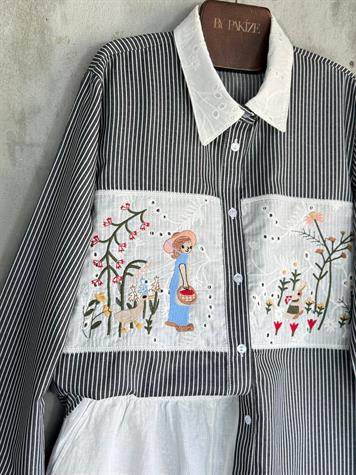 Tasarım Fisto Nakış İşçilikli Gömlek (Siyah)