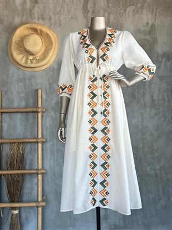 Tasarım Full Oranj Nakış İşçilikli Elbise (Naturel)