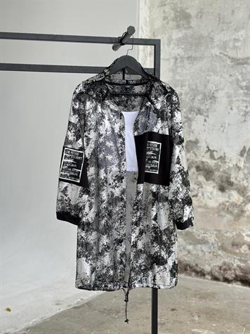 Tasarım Gümüş Varak Baskılı Fileli Ceket (Siyah)