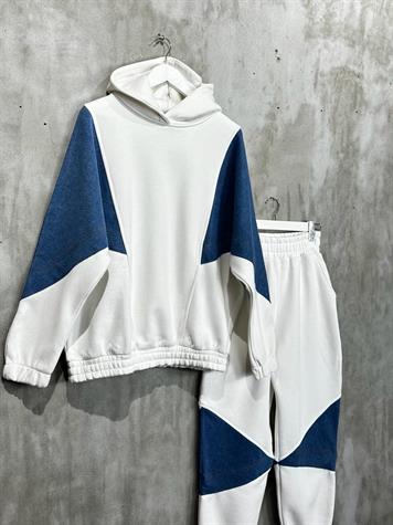 Tasarım Kapşonlu Denim Kot Detaylı Kadın Takım (Beyaz)