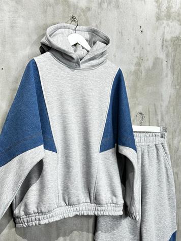 Tasarım Kapşonlu Denim Kot Detaylı Kadın Takım (Gri)
