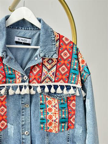 Tasarım Kilim Desen ve Püskül Detaylı Denim Ceket (Mavi)