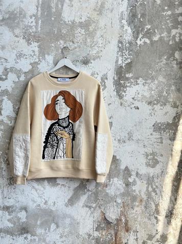 Tasarım Kız Baskılı Sweat (Bej)