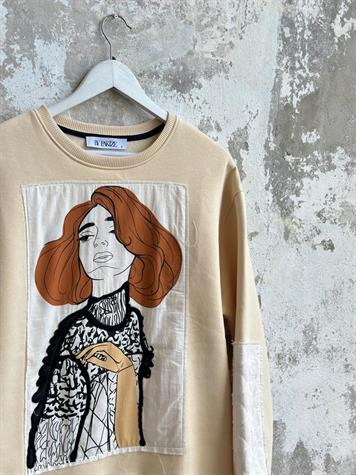 Tasarım Kız Baskılı Sweat (Bej)