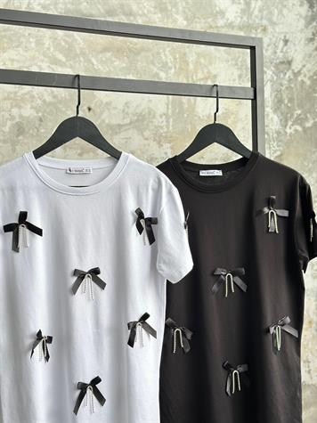 Tasarım Kristal Taş İşçilikli Fiyonk Detaylı Tişört (Siyah/Beyaz)