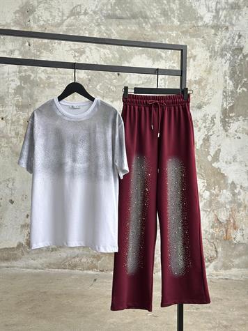 Tasarım Kristal Taş İşçilikli Pantolon (Bordo)