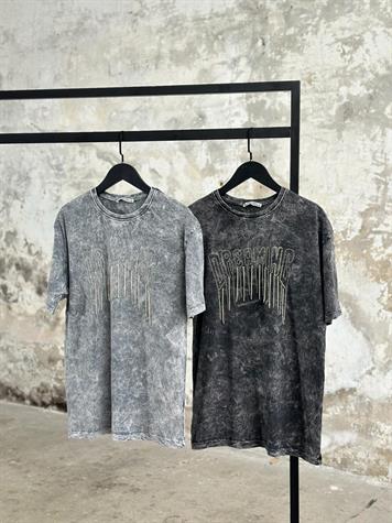 Tasarım Kristal Taş Salkımlı T-Shirt (Açık Gri Melanj)