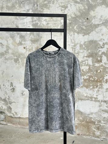 Tasarım Kristal Taş Salkımlı T-Shirt (Açık Gri Melanj)
