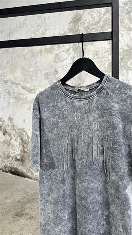 Tasarım Kristal Taş Salkımlı T-Shirt (Açık Gri Melanj)