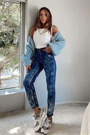 Tasarım Leopar Varak Desenli Mom Jean (Mavi)