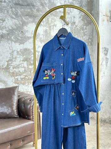 Tasarım Mickey Nakış İşlemeli Denim Takım (Mavi)