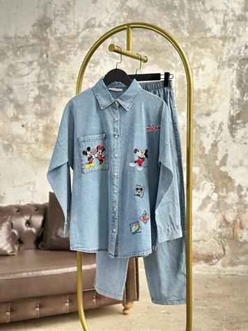 Tasarım Mickey Nakış İşlemeli Denim Takım (Buz Mavisi)