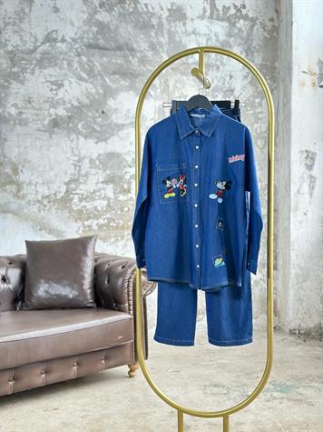 Tasarım Mickey Nakış İşlemeli Denim Takım (Mavi)