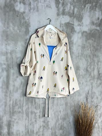 Tasarım Minik Adam Baskılı Fermuarlı Keten Ceket (Taş)