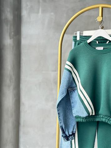 Tasarım Model Denim Kot Detay Şeritli Takım (Yeşil)