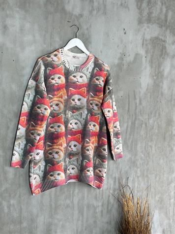 Tasarım Model Kedi Desenli Tunik Kazak (Karışık Renk)
