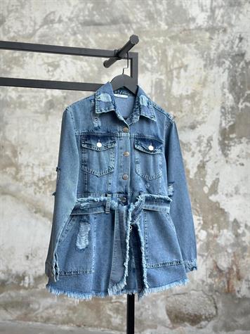 Tasarım Model Kuşaklı Kadın Kot Ceket (Mavi)