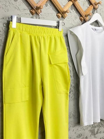Tasarım Model Paça Gipeli Cepli Pantolon (Limon Sarı)