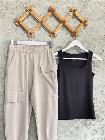 Tasarım Model Paça Gipeli Cepli Pantolon (Bej)