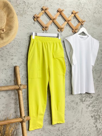 Tasarım Model Paça Gipeli Cepli Pantolon (Limon Sarı)