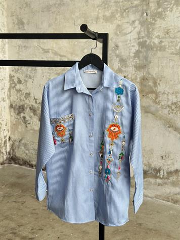 Tasarım Nakış Ve Taş İşçilikli Çizgili Gömlek (Mavi)