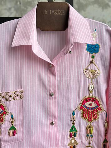 Tasarım Nakış Ve Taş İşçilikli Çizgili Gömlek (Pembe)