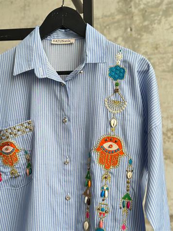 Tasarım Nakış Ve Taş İşçilikli Çizgili Gömlek (Mavi)