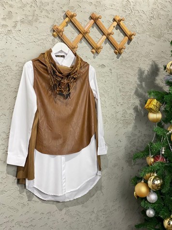 Tasarım Önü Deri Arkası Nubuk Yandan Fermuarlı Süveter Taba)