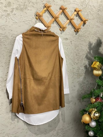 Tasarım Önü Deri Arkası Nubuk Yandan Fermuarlı Süveter Taba)